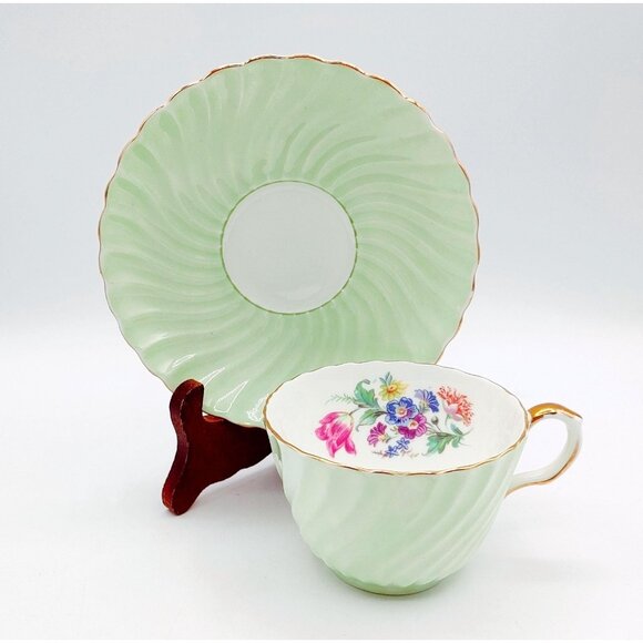 Aynsley Green Swirl Bone China Afternoon Tea in Pale Spring Green with Floral - Picture 2 of 12